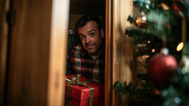 Parent sneaking Christmas presents into a closet to hide from the children.