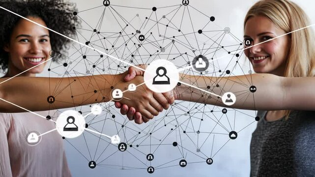 Office women handshake, people icons and connection Video