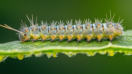 Close-Up View of a Colorful Caterpillar Crawling on a Green Leaf with Fine Details Highlighting Its Unique Texture and Natural Environment in Soft Focus Background