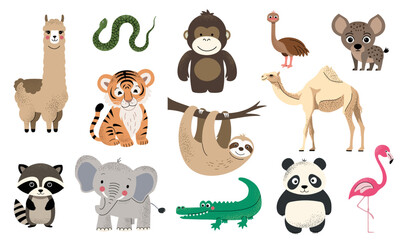 Obraz premium Wild jungle animals. African elephant, tiger, llama, sloth, crocodile, hyena, raccoon. Safari animals set.