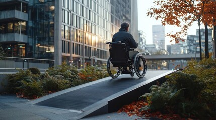 Person in a wheelchair using an accessible ramp in a modern city, representing urban accessibility