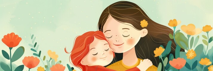 Happy Mothers Day Illustration. Mother and Child Embracing with Flower in Background