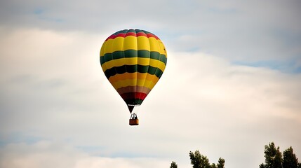 Naklejka premium Colorful Hot Air Balloon Soaring Through Cloudy Skies