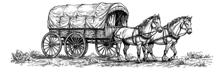 Horses Drawing. Vintage Covered Wagon Illustration with Two Majestic Horses