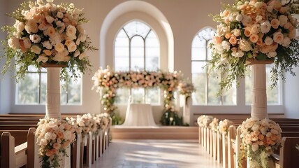 Fototapeta premium Bright and spacious wedding church with lovely decorations and flowers along the aisle