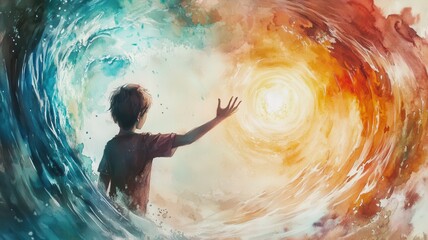 Fototapeta premium A child reaches out towards a swirling landscape of vibrant colors, representing a mystical balance between water and fire.