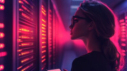 Female engineer working in a server room, analyzing data on a tablet during the evening hours