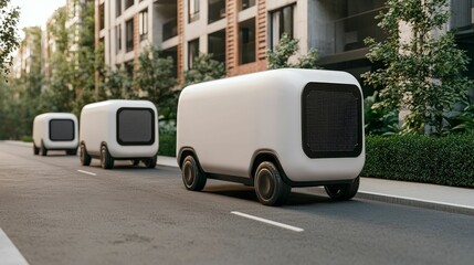 shopping and logistics concept. Three futuristic delivery vans drive down a tree-lined street, showcasing modern urban design and sustainable transportation.