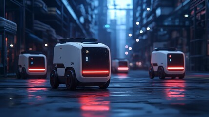 Fototapeta premium shopping and logistics concept. A futuristic street scene featuring autonomous delivery robots with glowing lights, set in an urban environment with a moody atmosphere.
