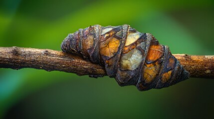Obraz premium Close-Up of a Fascinating Cocoon Wrapped Around a Branch in Nature, Showcasing Intricate Textures and Colors in a Serene Environment