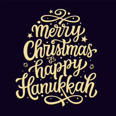 Merry Christmas and happy Hanukkah. Hand lettering golden script text isolated on black background. Vector typography for posters, banners, cards, Christmas and Hanukkah decorations