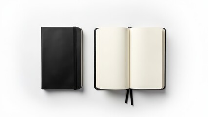A minimalist moleskine journal mockup showcasing the black notebook with clean blank pages and a durable cover.