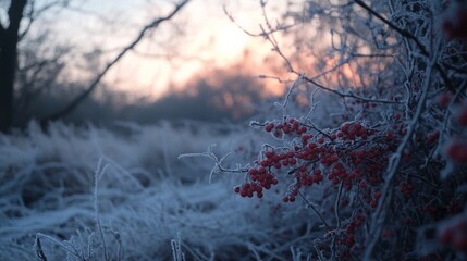 Frosty Morning Landscape with Red Berries and Icy Grass Under Soft Light