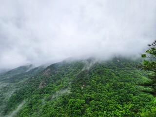 Aerial panorama view of Gyeryongsan mountain in Gohyeon city of South Korea. rainy day in Gyeryongsan National Park, South Korea. rainy season in the mountains. hiking in korean mountains.