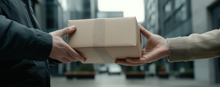 A person hands over a packaged delivery to another individual in an urban setting, highlighting the act of exchanging goods.