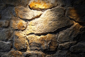 Fototapeta premium Illuminated Rustic Stone Wall Featuring Textured Patterns and Warm Lighting