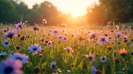 Fototapeta premium A vibrant field of wildflowers basking in the warm glow of the sunset near a serene green forest in summertime