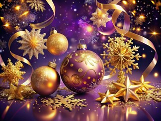 Luxury Christmas Background with Golden Ornaments and Snowflakes on Purple Table for Festive Banner Design