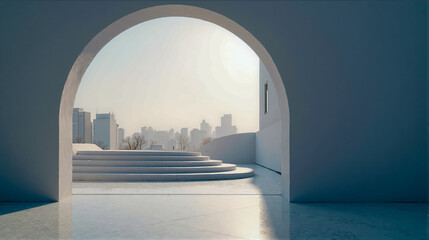 Fototapeta premium Modern architectural design featuring a minimalist archway with a view of a city skyline during daylight hours