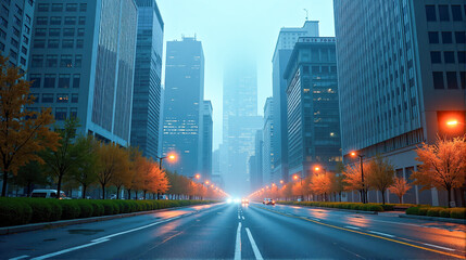 Obraz premium City street illuminated by streetlights on a foggy evening with modern buildings and autumn trees lining the road