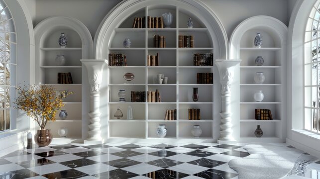 A white room with an arched bookshelf filled with books and vases, a checkered floor, and a large window.