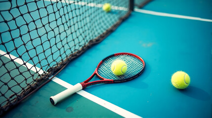 Tennis racket and balls resting on blue court near net during a sunny day in a recreational area