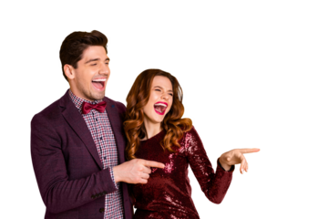 Portrait of his he her she nice-looking attractive lovely smart gorgeous chic classy cheerful cheery people having fun making jokes isolated over bright vivid shine yellow background