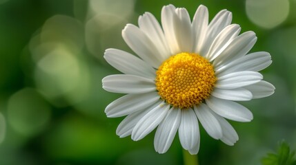 Fototapeta premium Close-Up of a Single White Daisy Flower with Bright Yellow Center Against a Soft Green Blurred Background for Nature and Floral Themes