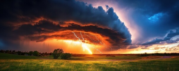 Obraz premium Dramatic Thunderstorm Over Serene Landscape at Dusk