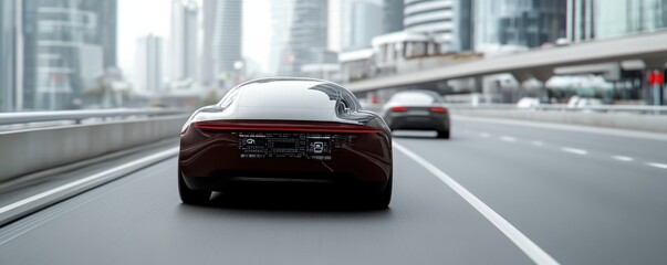 Obraz premium A sleek, modern car drives on a city highway, surrounded by tall buildings, showcasing an urban landscape and advanced automotive design.