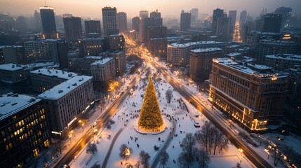 Fototapeta premium Aerial View Illuminated Cityscape Christmas Tree Snow