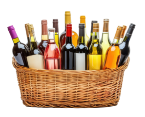 Assorted wines in wicker basket on white or transparent background, png