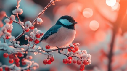 Obraz premium A Blue Bird Sitting on Frosty Berries in Winter Light