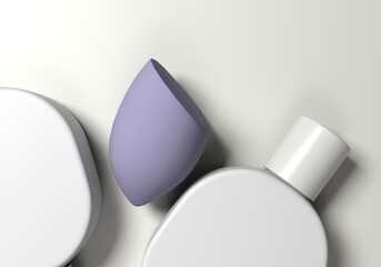 Fototapeta premium Beauty blender on gray background. Sponge and bottle for makeup, cosmetics products concept.