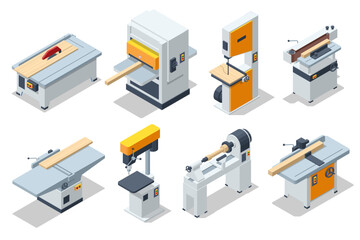 Obraz premium Isometric Carpentry machines set. Wood lathe, band saw wood machine, Circular saw cutting wooden plank, carpenter planer and thickness machine, Woodworking tools wooden table. Carpentry workshop