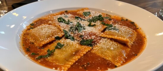 Handmade ravioli with marinara sauce, sprinkled with parmesan and basil 