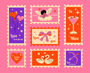 Saint Valentine's Day vector post stamps sticker elements set. Collection of cute groovy funky cartoon illustration with different romantic objects bow, cupid, heart, arrow, 14 February design concept
