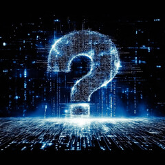 A luminous blue neon question mark bursts from a digital matrix, symbolizing the endless questions and the unstoppable progress of digital technology.