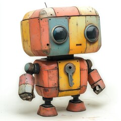 A colorful, vintage-style robot with large eyes and a keyhole on its chest.