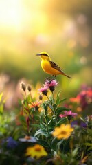 Naklejka premium Cheerful Bird in a Vibrant Meadow at Sunrise