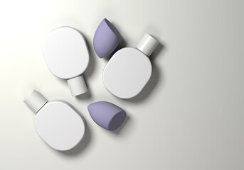 Beauty blender on gray background. Sponge and bottle for makeup, cosmetics products concept.