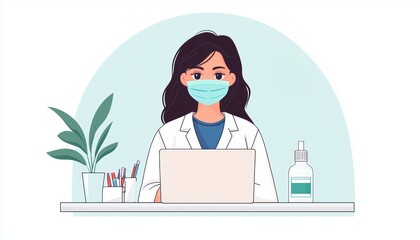 A female doctor wearing a mask sits at a desk with a laptop and medical supplies.