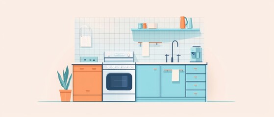 Modern kitchen with colorful cabinets, appliances, and a plant, designed in a minimalist style.