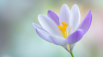 Fototapeta premium Delicate Crocus Flower in Soft Focus with Purple Petals and Yellow Stamen, Symbol of Spring and Renewal in a Gentle Natural Setting, Perfect for Floral Art and Nature Lovers