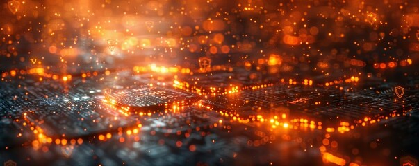Obraz premium Digital Network Security Concept with Glowing Orange Circuit Board and Shield Icons Representing Risk Mitigation