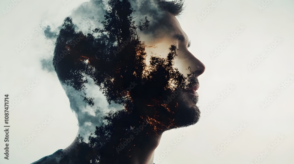 Poster a profile silhouette of a man merging with nature's beauty, featuring clouds and trees captured in a