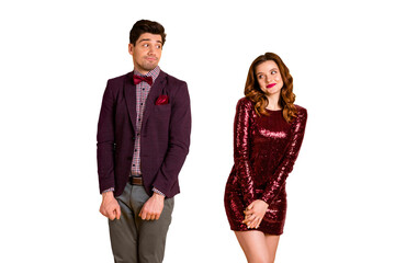 Portrait of his he her she nice well-dressed attractive lovely funny classy chic fascinating cheerful confused people meeting 1st time isolated over bright vivid shine yellow background