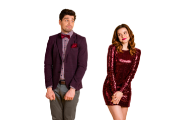 Portrait of his he her she nice well-dressed attractive lovely funny classy chic fascinating cheerful confused people meeting 1st time isolated over bright vivid shine yellow background