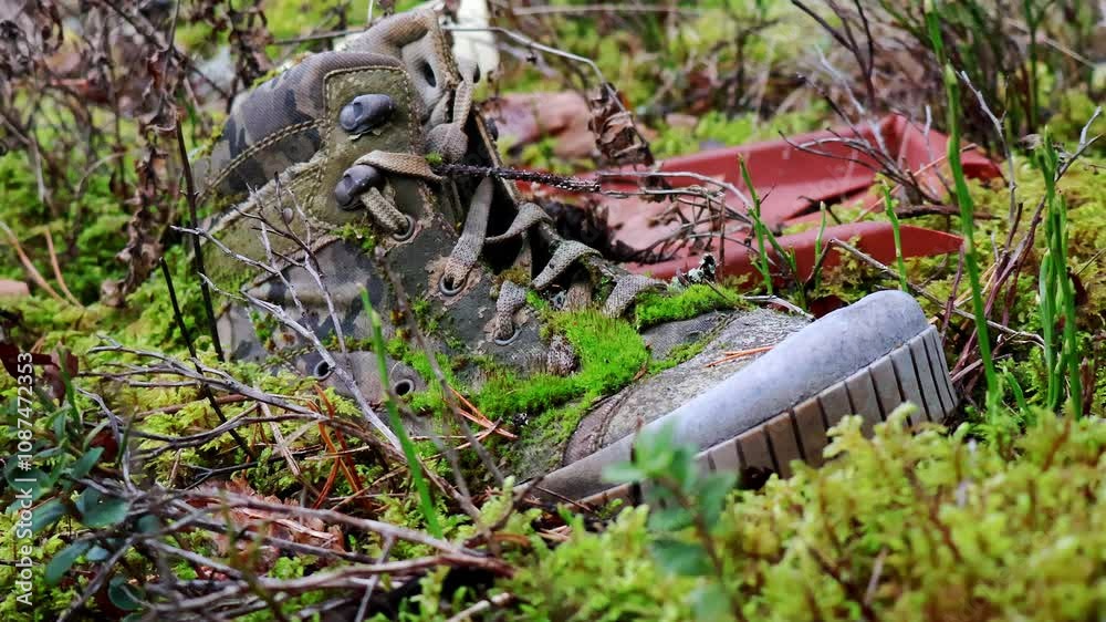 Wall mural pile of trash left in a forest clearing, illustrating the problem of littering and environmental pol