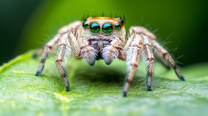 Close-up of a Colorful Jumping Spider with Striking Green Eyes on a Leaf Against a Soft Green Background, Showcasing Intricate Details and Textures of Nature's Creatures